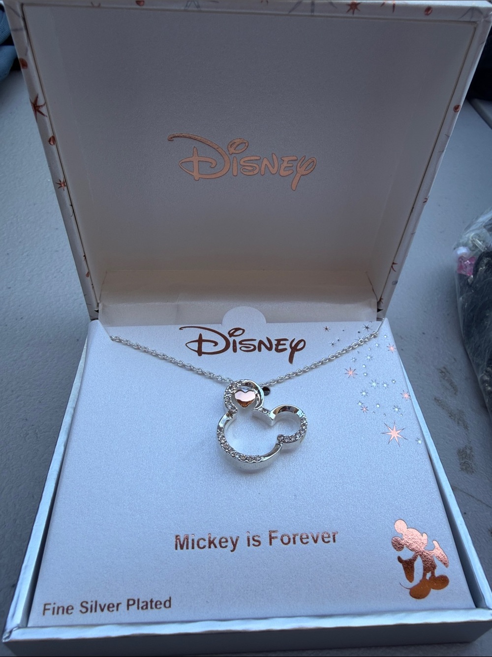 Disney Silver-Plated Mickey Outline Necklace with Pink Heart Accent